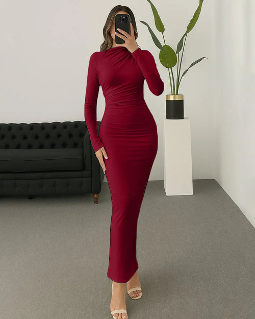 Solid Color Stand Collar Long Sleeve Pleated Bodycon Dress In Redberry