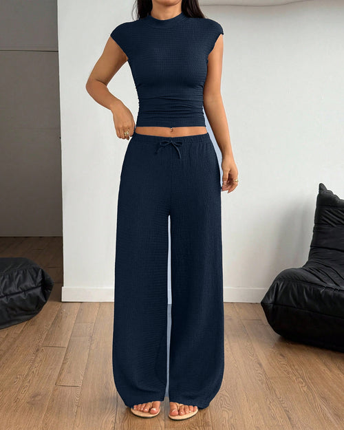 Solid Color Stand Collar Pleated Top and Wide Leg Pants Two Piece Set Front View for Women | Littlebox India