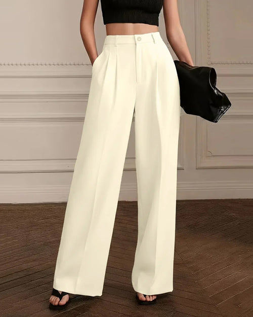 Solid Color Straight-Leg High-Waisted Pant With Pocket In Beige Front View For Women | Littlebox India