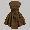 Front view of Solid brown strapless dress with a fitted bodice and waist belt, featuring a flared layered skirt for a chic party look.
