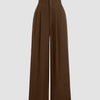 Front view of brown high-waisted long pants with wide-leg fit and button detail, featuring a clean silhouette for a polished everyday look