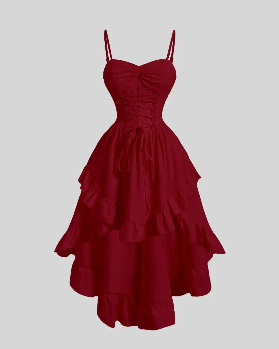 Solid Color Sweetheart Neckline Cross Tie Rod Ruffle Edge Red Dress