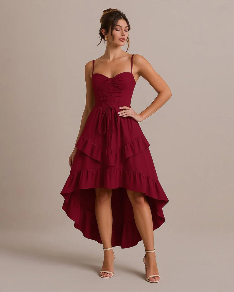 XS Solid Color Sweetheart Neckline Cross Tie Rod Ruffle Edge Red Dress