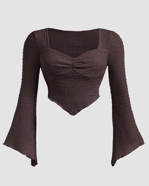Solid Color Textured Heart Neck Flare Sleeve Casual Long Sleeve Top In Brown Curve & Plus Front View for Women | Littlebox India