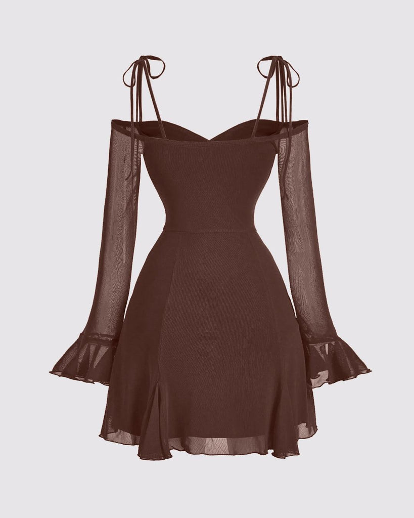 V-Neck Bow Tie Waist Dress In Chocolate Brown - Littlebox India V-Neck Bow Tie Waist Dress In Chocolate Brown - Littlebox India