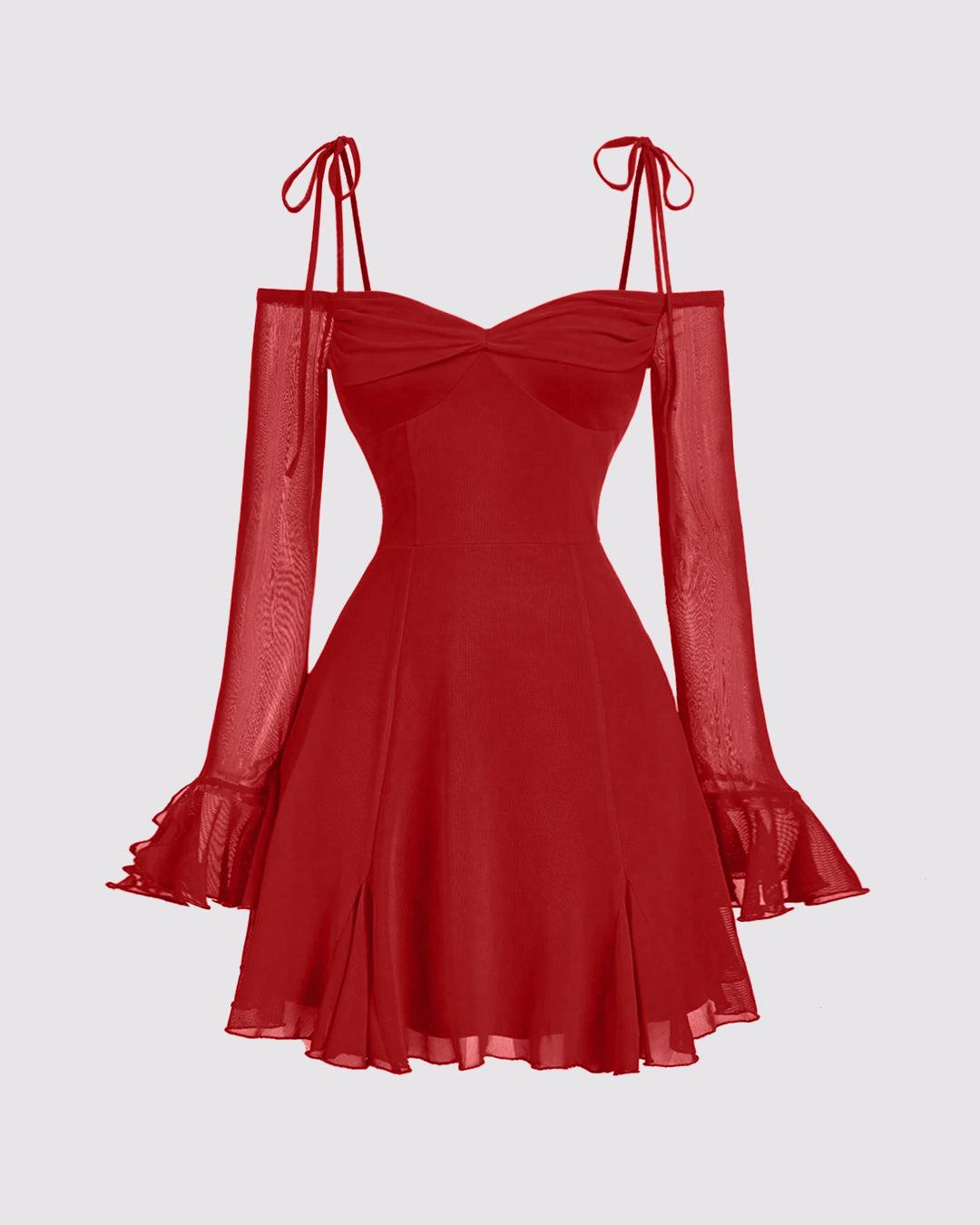Solid Color V-Neck Bow Tie Waist Dress In Red