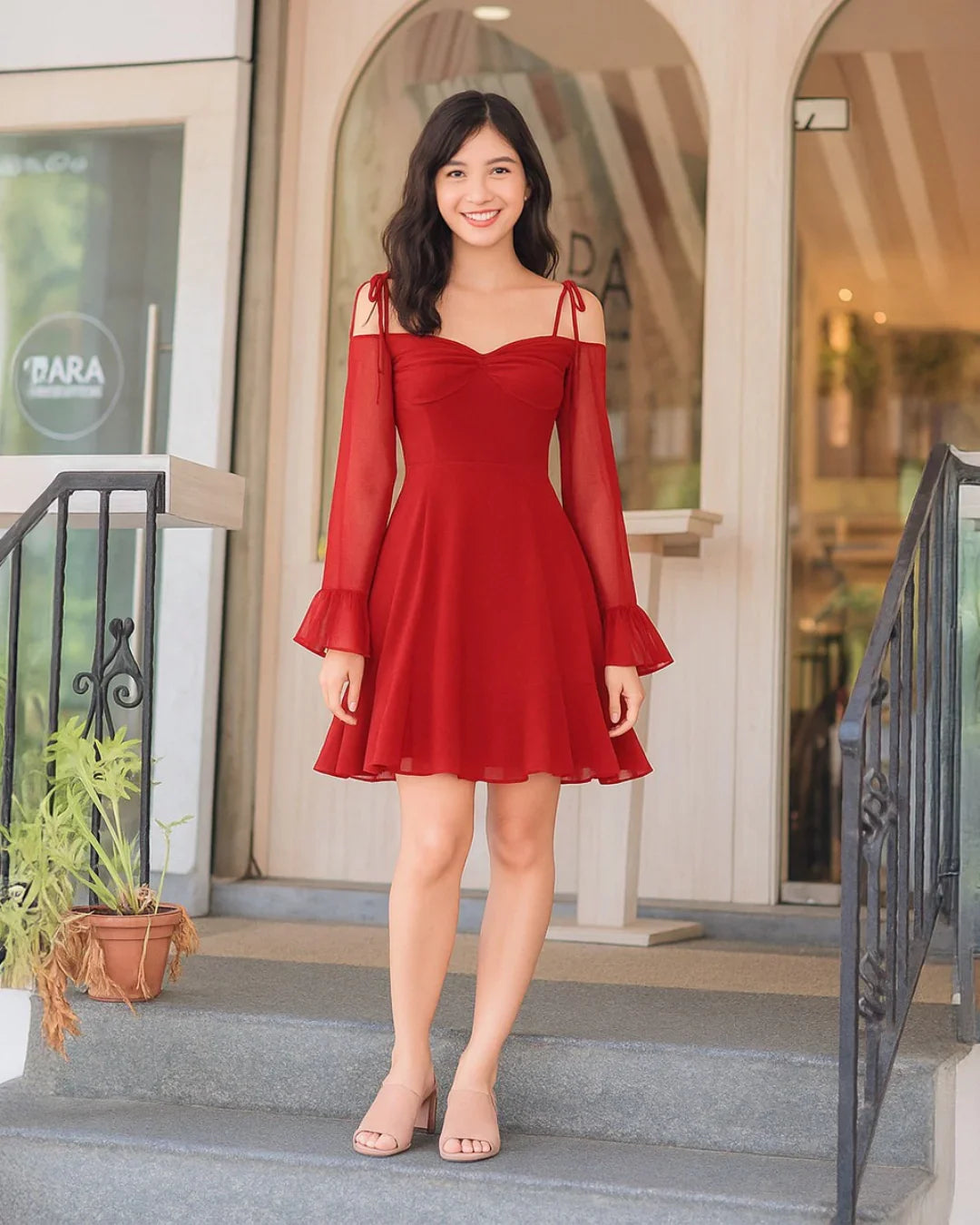 Solid Color V-Neck Bow Tie Waist Dress In Red Littlebox India