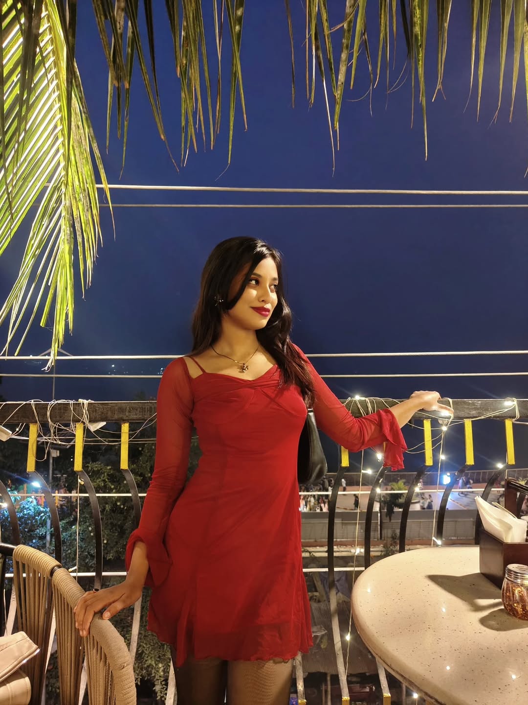 Customer photo 1 of Solid Color V-Neck Bow Tie Waist Dress In Red