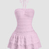 Front view of Light purple textured halter neck dress with ruffle hem, fitted bodice and flared mini silhouette