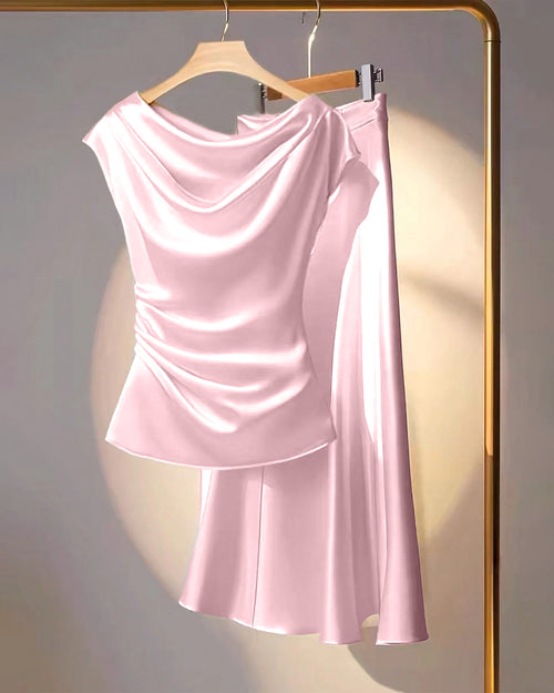 Solid Cowl Neck Loose Top and Maxi Skirt Set in Pink Front View for Women | Littlebox India