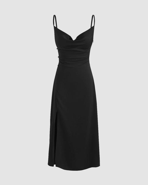 Front view of elegant slim fit cowl neck slit midi dress in Black with a sleek and minimalist design