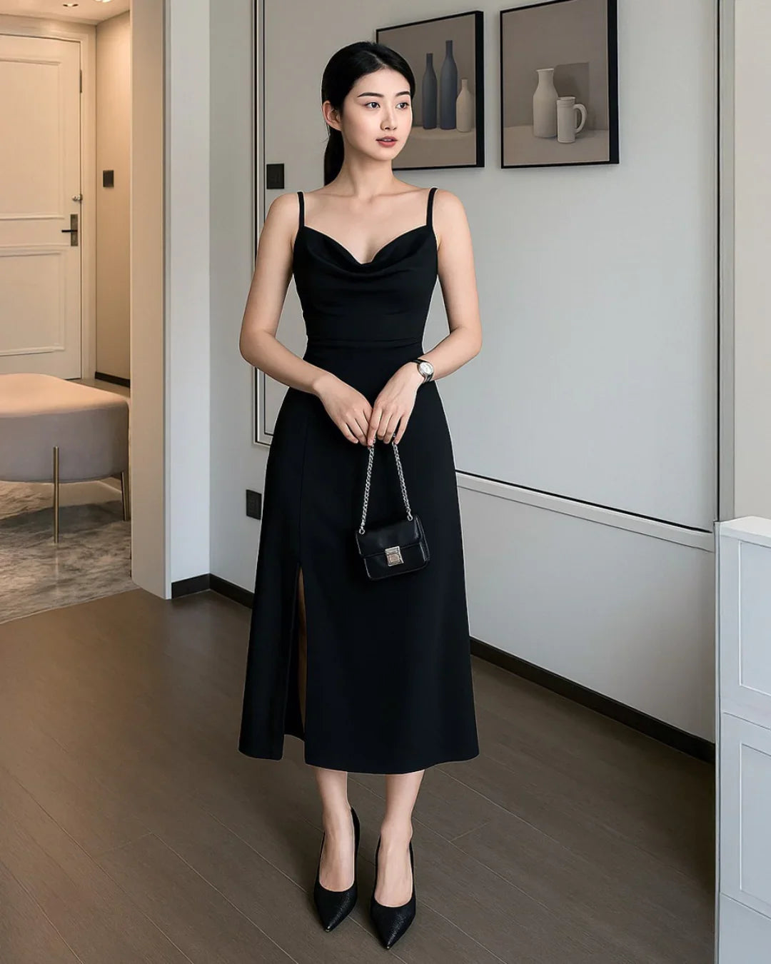 solid cowl neck slit midi dress Solid Cowl Neck Slit Midi Dress in Black