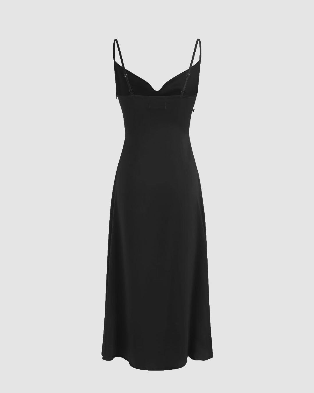 Solid Cowl Neck Slit Midi Dress in Black Littlebox India
