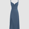 Elegant cowl neck slit midi dress with a sleek and minimalist design
