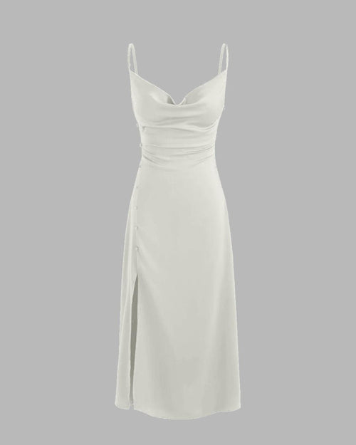Off-white midi dress featuring a cowl neck and a side slit, elegantly designed for a stylish look