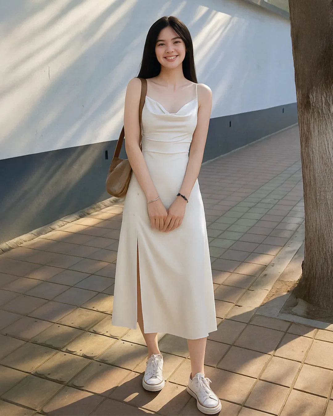 Solid Cowl Neck Slit Midi Dress in Off-White - Littlebox India Solid Cowl Neck Slit Midi Dress in Off-White - Littlebox India