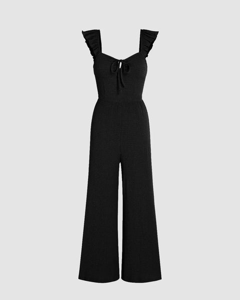 A black cropped jumpsuit featuring a sleeveless design for a sleek, modern look.