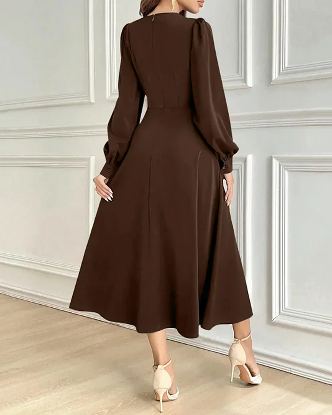 Dark Brown Puff Sleeve Midi Flared Dress  Littlebox India