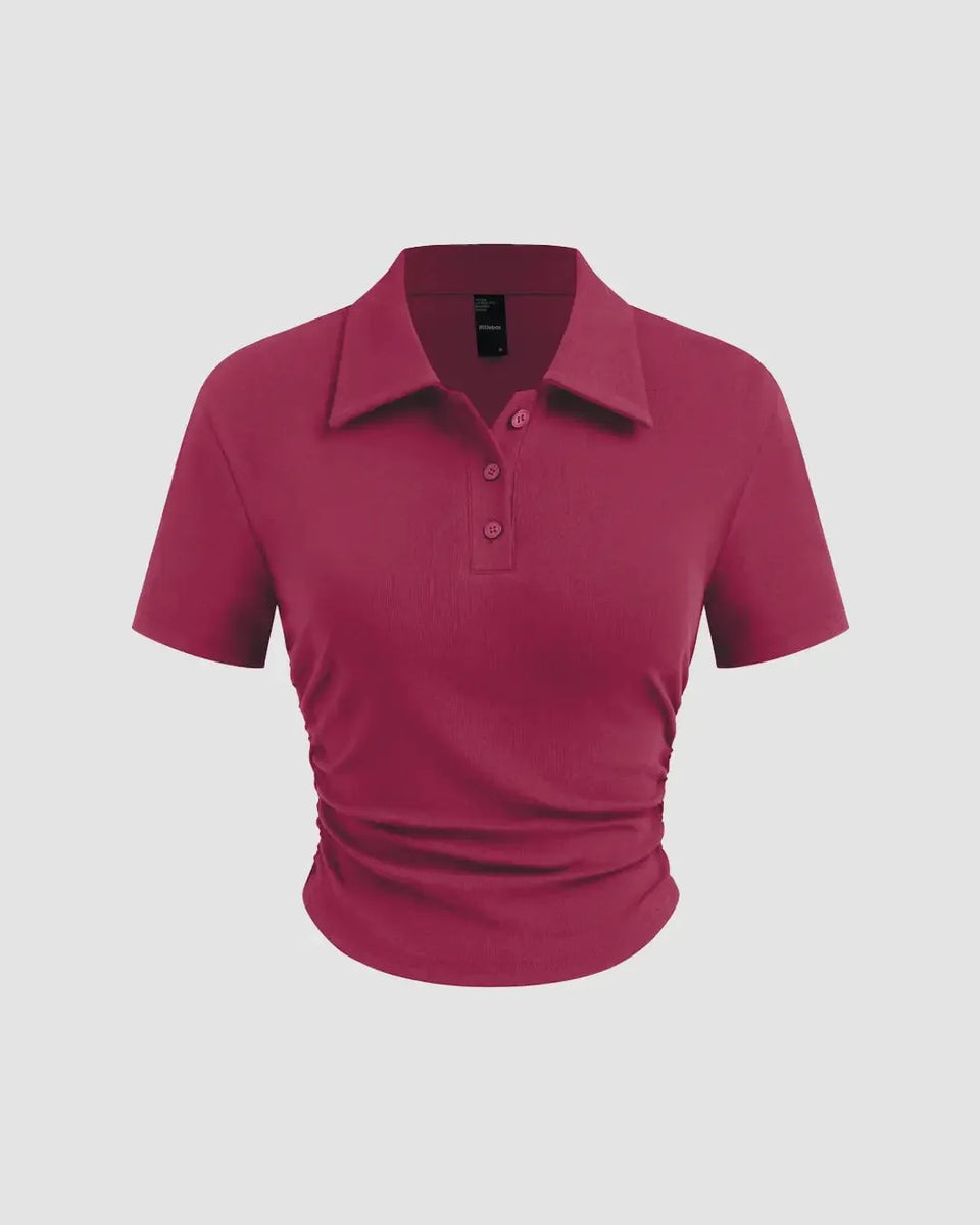 Solid Fitted Ribbed Button Short Sleeve Crop Top In Ruby – Littlebox India