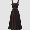 Front view of Brown midi dress with square neckline, ruffled straps, smocked bodice, and flowing skirt, shown front and back on neutral background.