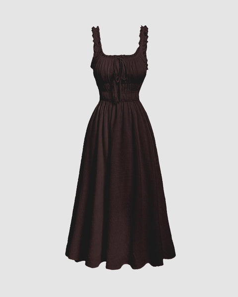 Solid Frill Trim Tie Front Chocolate Brown Midi Dress Front View for Women | Littlebox India
