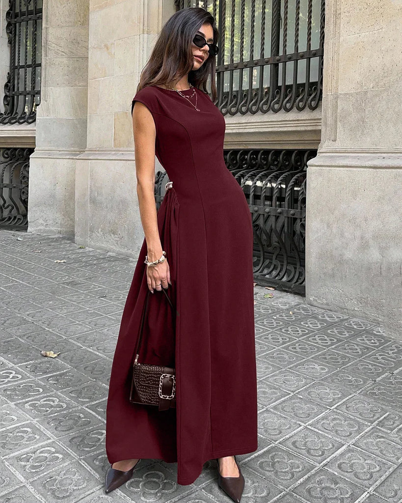 Maxis Crew Solid Maroon Crew Neck Fit & Flare Maxi Dress β Littlebox India