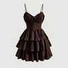 Brown cami dress with a ruched bust and a ruffled hem, showcasing a stylish and elegant design