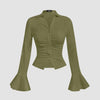 Solid Ruched Button Front Flounce Sleeve Shirt In Herbal Green Front View For Women | Littlebox India