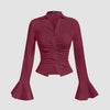 Solid Ruched Button Front Flounce Sleeve Shirt In Raspberry Front View For Women | Littlebox India