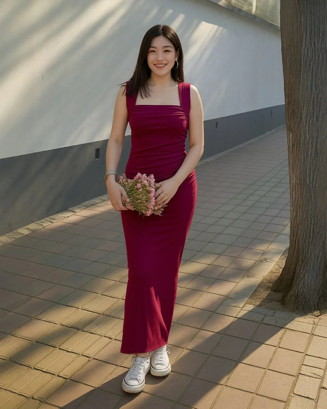 Solid Ruched Sleeveless Ribbed Knit Dress In Cherry Red