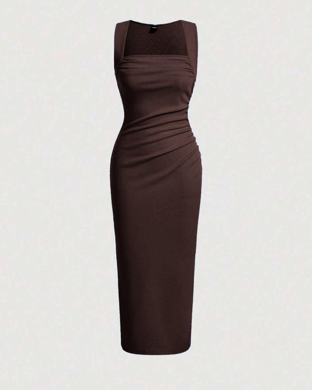 Brown Ruched Ribbedtee Ribbed Knit Dress In Chocolate Brown - Littlebox India
