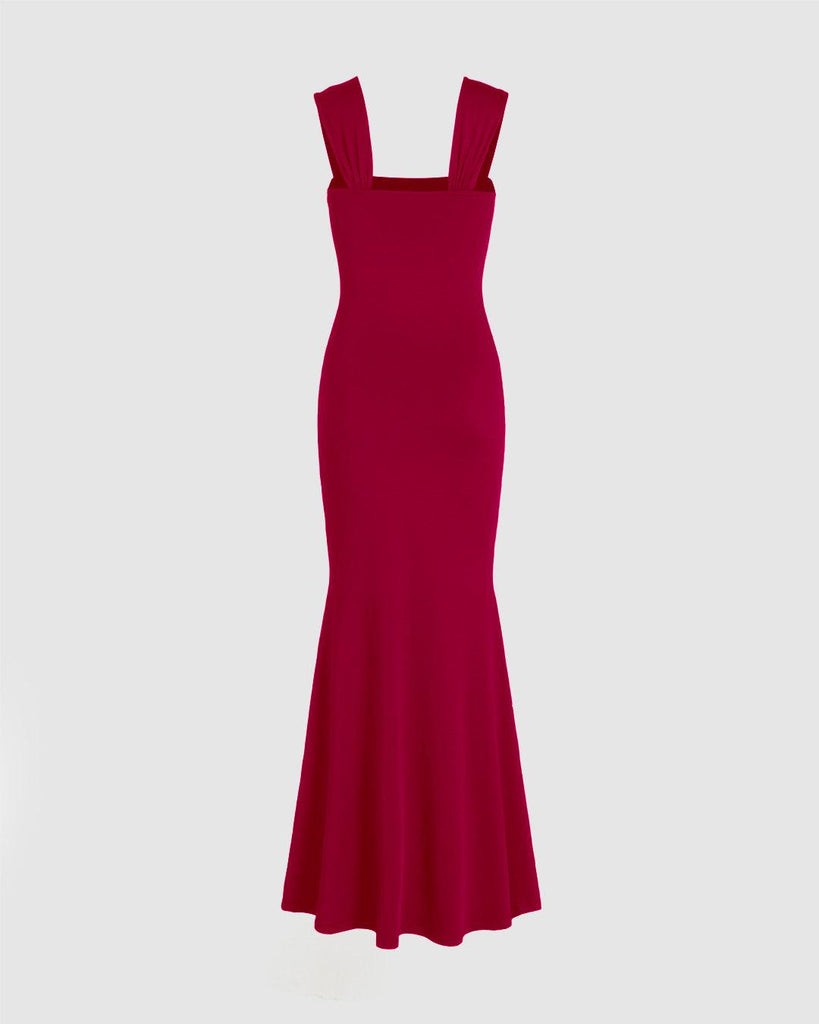 red maxi dress with a square neckline and straps, showcasing ruched details back view