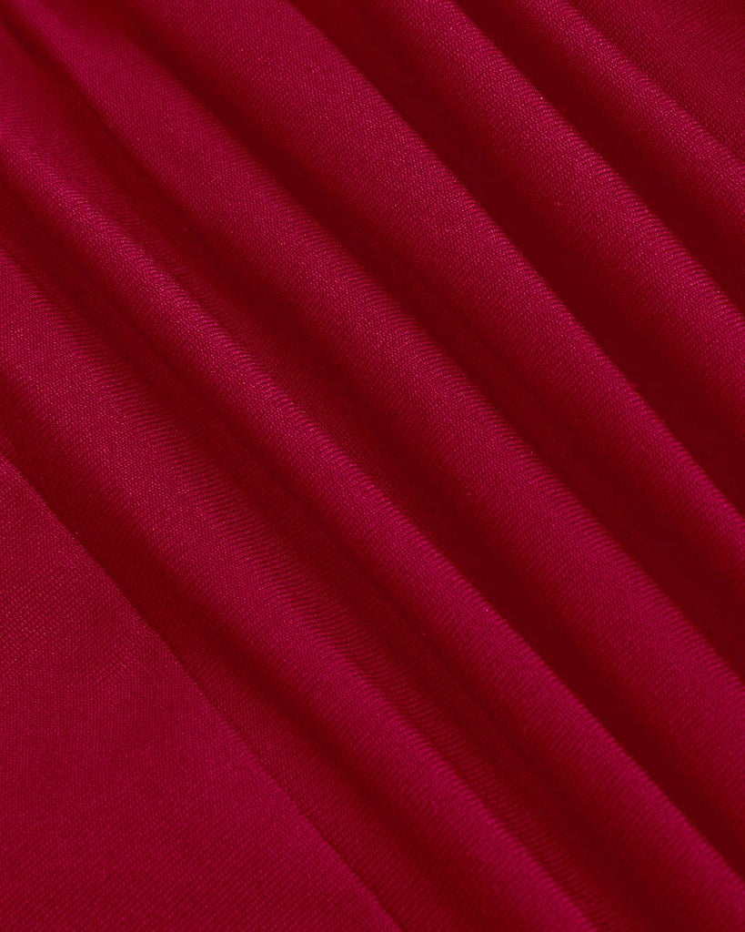 red maxi dress with a square neckline and straps, showcasing ruched details close up view