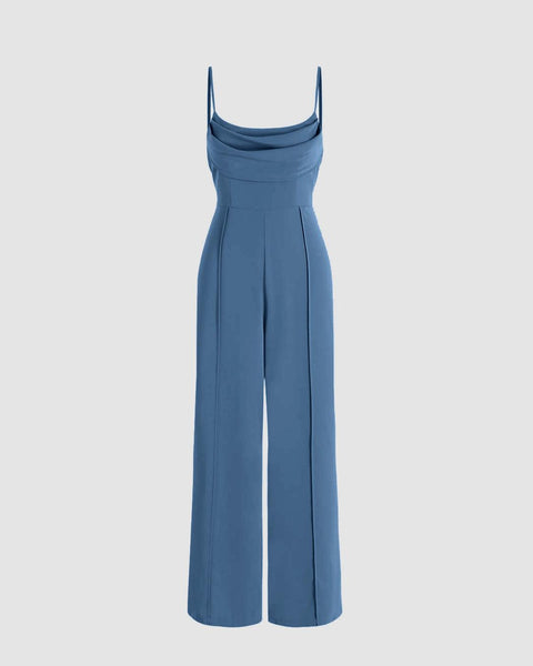 Solid Ruched Strappy-Sleeves Blue Jumpsuit Front View For Women | Littlebox India