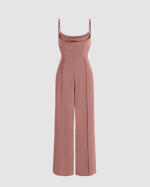 Solid Ruched Strappy-Sleeves Peach Jumpsuit Front View for Women | Littlebox India