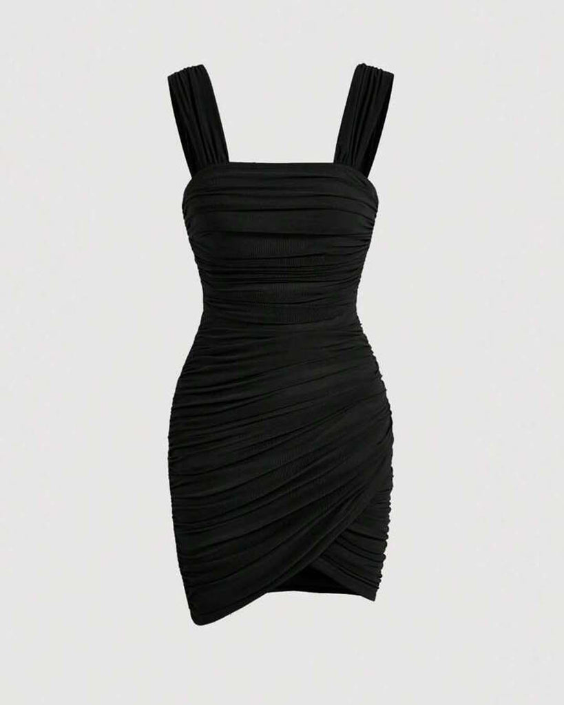 Solid Ruched Wrap Black Cami Dress Front View for Women | Littlebox India