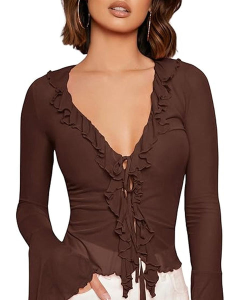 Solid Ruffle Trim Lace Up V-Neck Flare Sleeve Coco Brown Top Front View for Women | Littlebox India