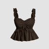 Solid Ruffle Wide Strap Front Tie Bow Tank Top In Chocolate Front View For Women | Littlebox India
