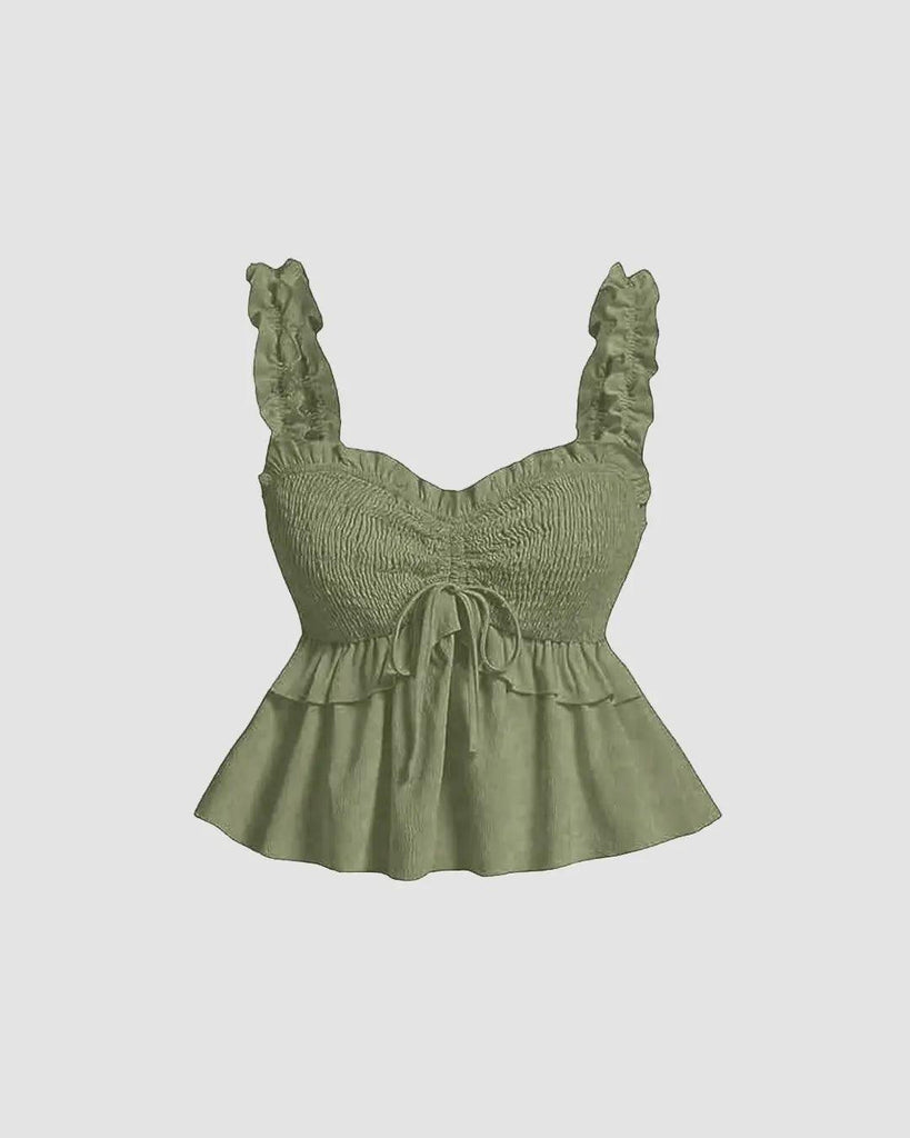 Solid Ruffle Wide Strap Front Tie Bow Tank Top In Herbal Green Front View For Women | Littlebox India