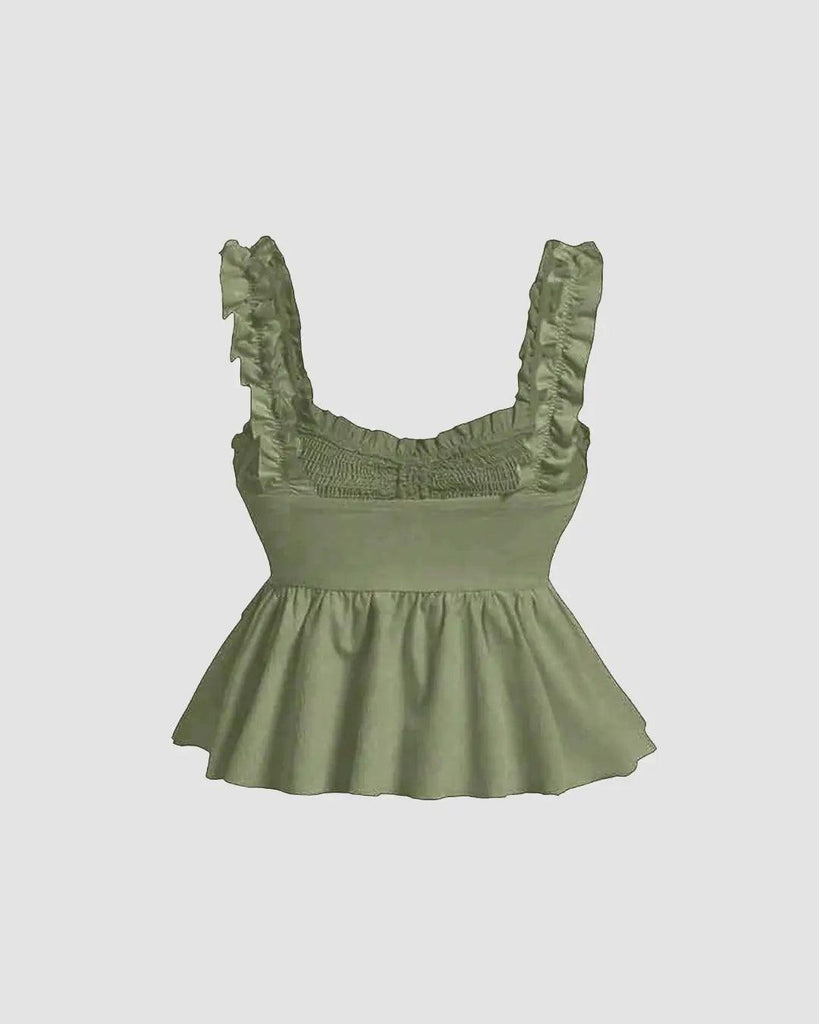 Wide Ruffle Straps Solid Ruffle Wide Strap Front Tie Bow Tank Top In Herbal Green ...