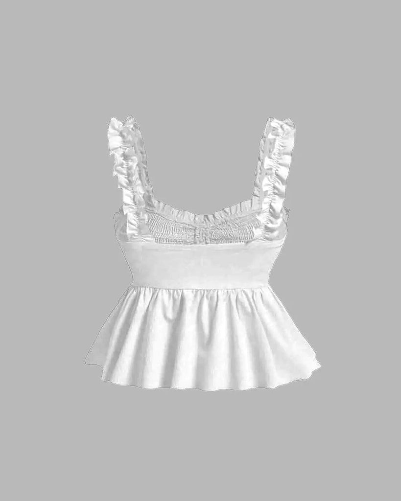 Solid Ruffle Wide Strap Front Tie Bow Tank Top In Off-White – Littlebox ...