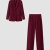 Solid Tailored Blazer & Straight Trousers Co-Ord Set in Burgundy Front View For Women | Littlebox India