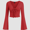Solid Tie Front Bell Sleeve Mesh Crop Top in Dark Red Front View For Women | Littlebox India