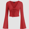 Solid Tie Front Bell Sleeve Mesh Crop Top in Dark Red