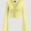Solid Tie Front Bell Sleeve Mesh Crop Top in French Vanilla Front View For Women | Littlebox India