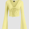 Solid Tie Front Bell Sleeve Mesh Crop Top in French Vanilla
