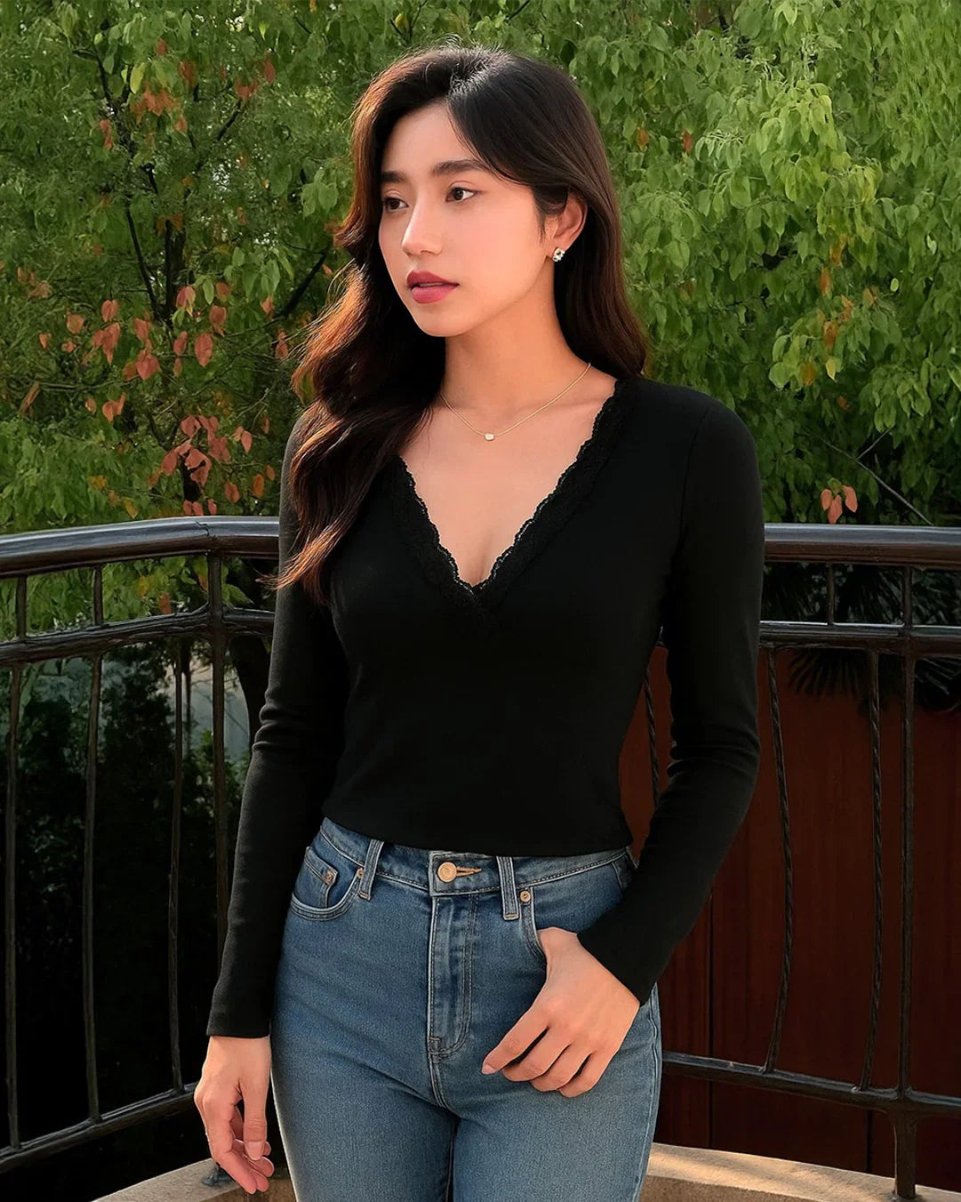 Solid V Neck Long Sleeve Lace Top - Littlebox India