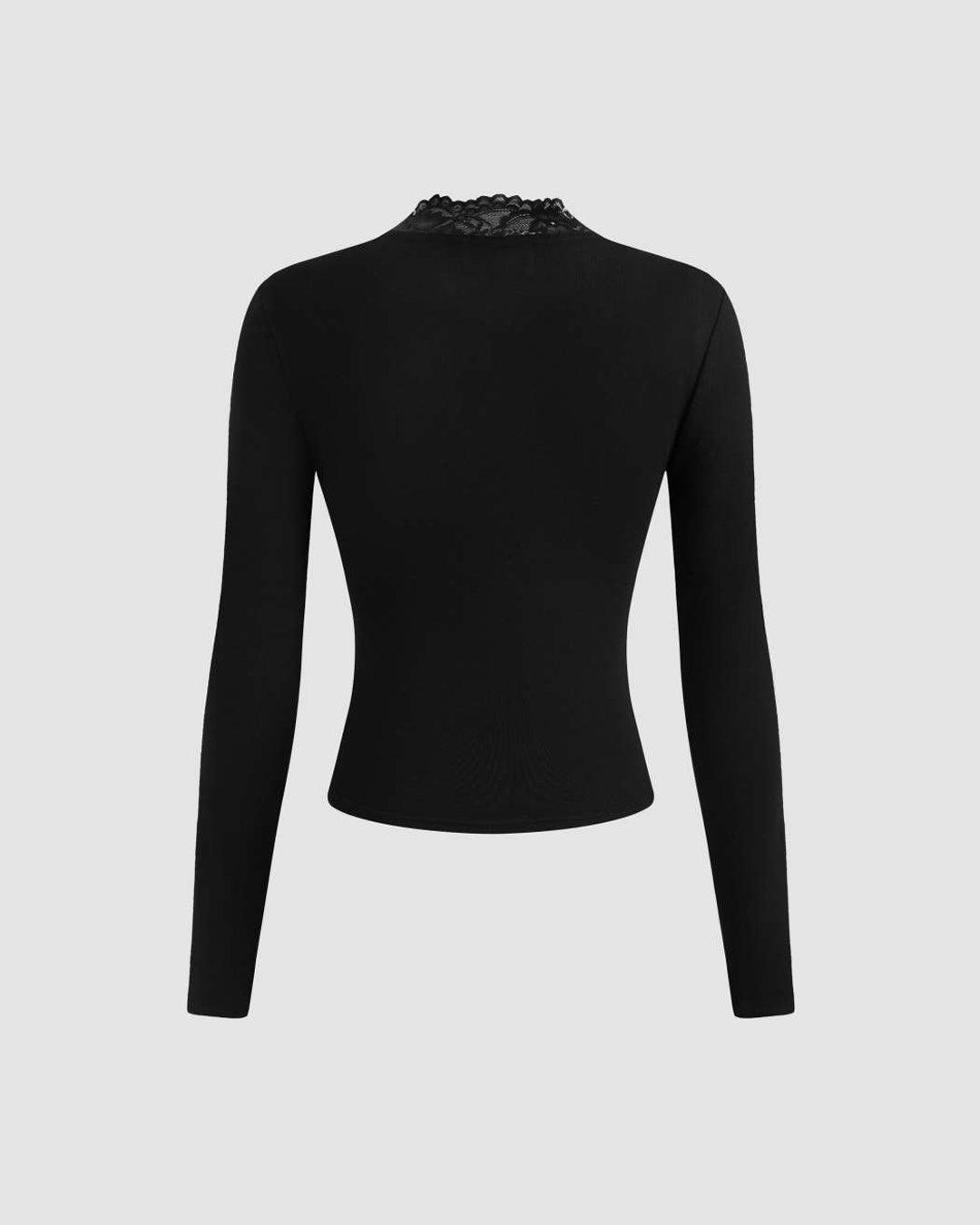 Solid V Neck Long Sleeve Lace Top - Littlebox India