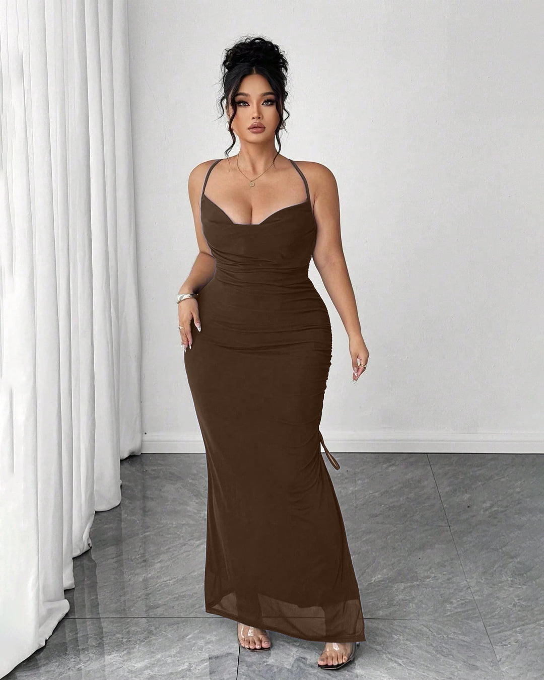 Spaghetti Strap Slit Drawstring Bodycon Dress Curve & Plus in Coco Brown- Littlebox India