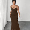 Spaghetti Strap Slit Drawstring Bodycon Dress Curve & Plus in Coco Brown Front View for Women | Littlebox India